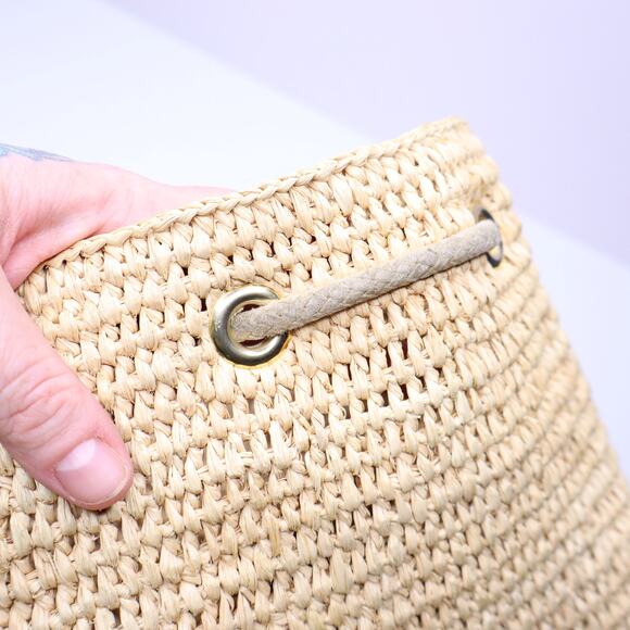 PACO RABANNE Natural Raffia Bucket Bag Gold Chain Link Top Handle Crossbody Bag - Picture 8 of 11